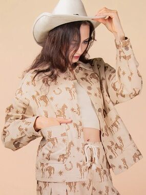 Cream & Brown Cowboy Jean Jacket - Pockets - Size S - Cowgirl 100% Cotton